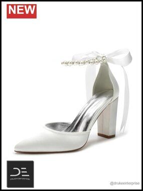 Pearl Satin Wedding Shoes for Bride Pointed Toe High Heels Block Heels Prom